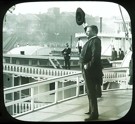 Underwood & Underwood - Theodore Roosevelt  Waving to Crowd from Steamboat (close up)