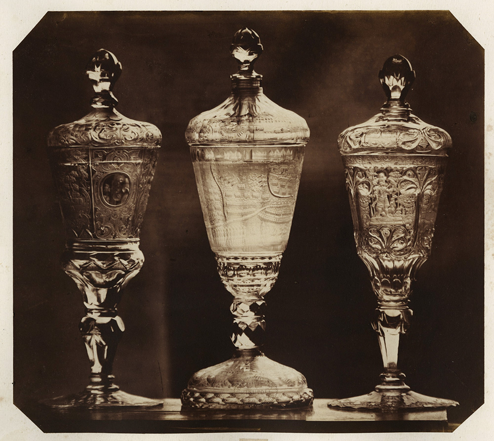 Ludwig Belitski - Three Engraved Covered Glass Cups Ludwig Belitski - Three Engraved Covered Glass Cups